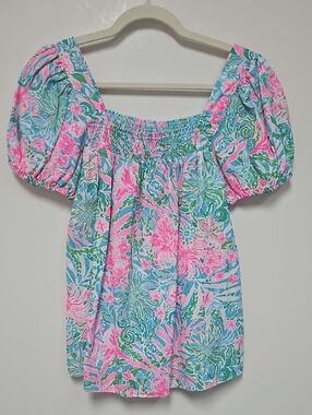 Lilly Pulitzer Pink, Blue & Green Floral Puff-Sleeve Top